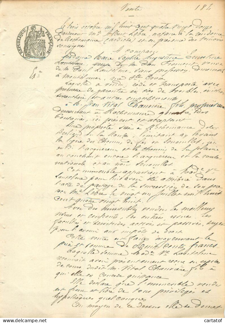VENTE En 1892 . Notaire LEBRE Rochemaure . Mme FROMENT… - Manuscripten