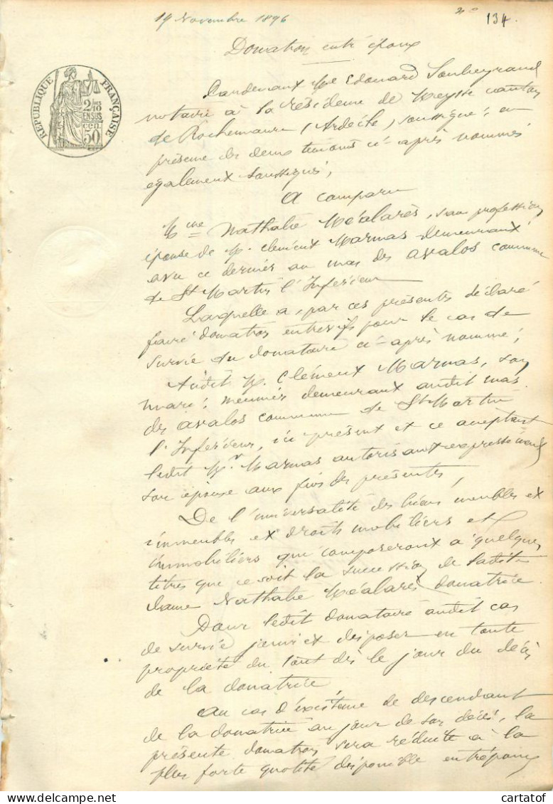 Donation Entre Epoux En 1896 . SOUBEYRAND Notaire De Meysse Mr MARMAS … - Manuscripten