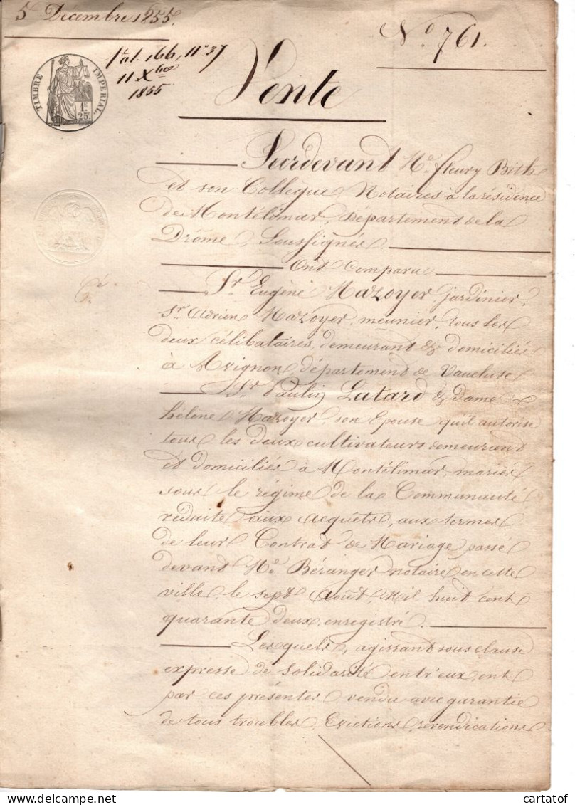 Vente MAZOYER En 1855 . BITH Notaire à Montélimar - Manuscripts