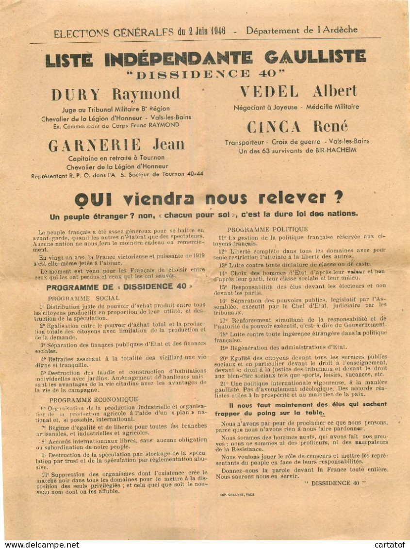Elections Générales 2 Juin 1946  Ardèche . Liste Indépendante Gaulliste - Ohne Zuordnung