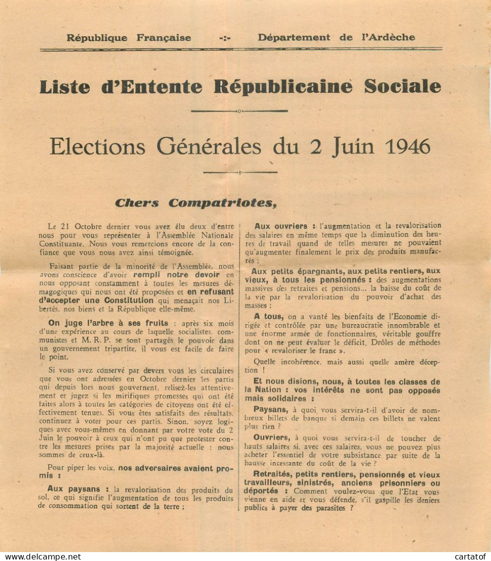 Elections Générales 2 Juin 1946  Ardèche . Entente Républicaine Sociale - Non Classés