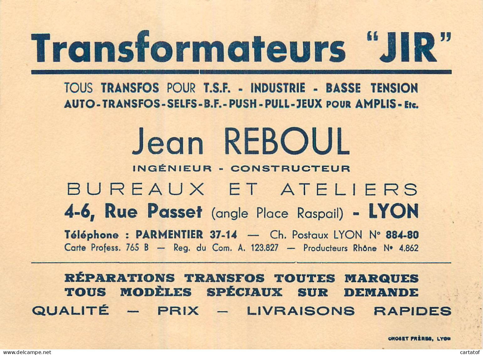 Grande Carte De Visite Publicitaire JEAN REBOUL , Transformateurs JIR - Visitekaartjes