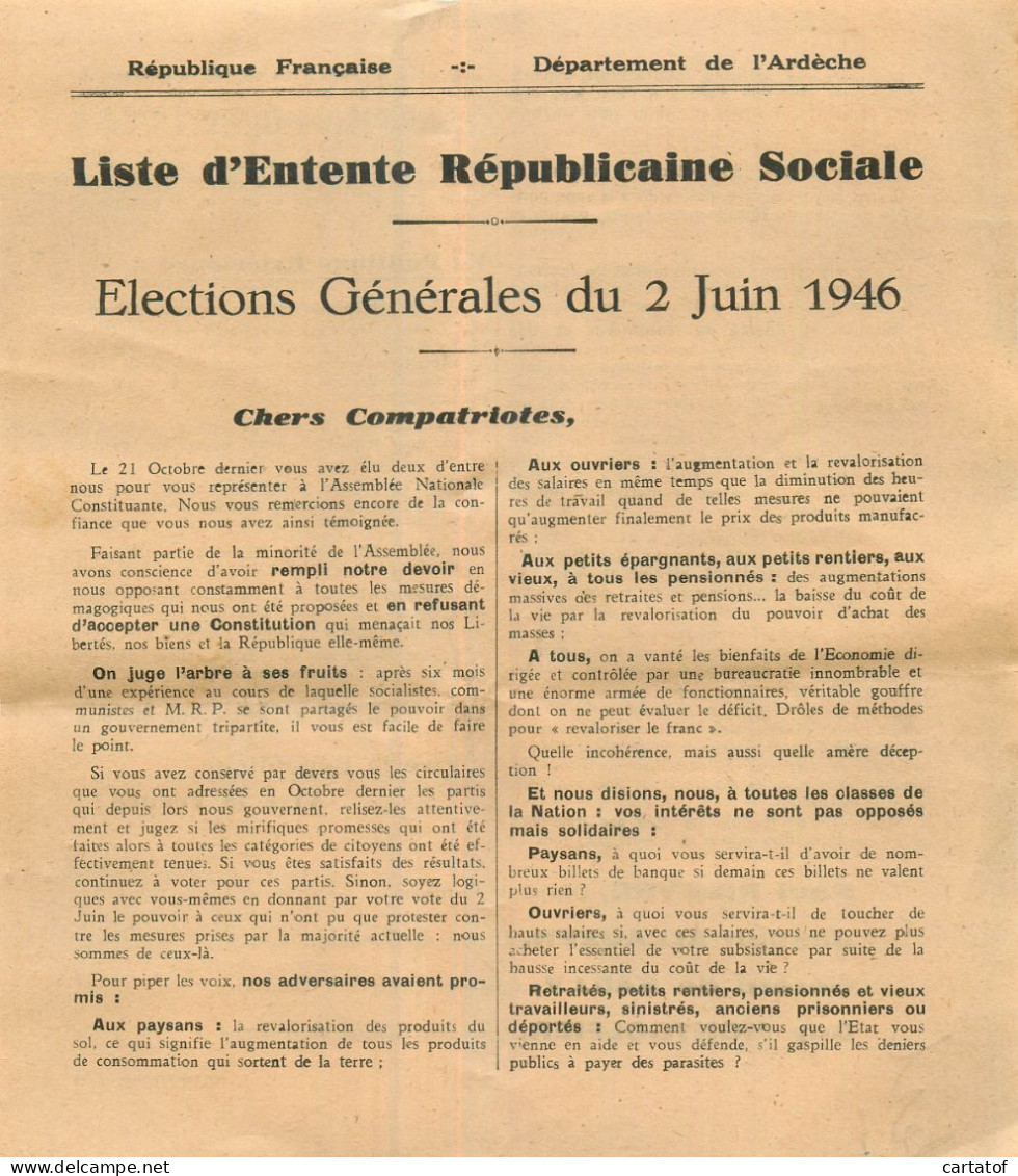 Elections Générales 2 Juin 1946  Ardèche . Entente Républicaine Sociale - Non Classés