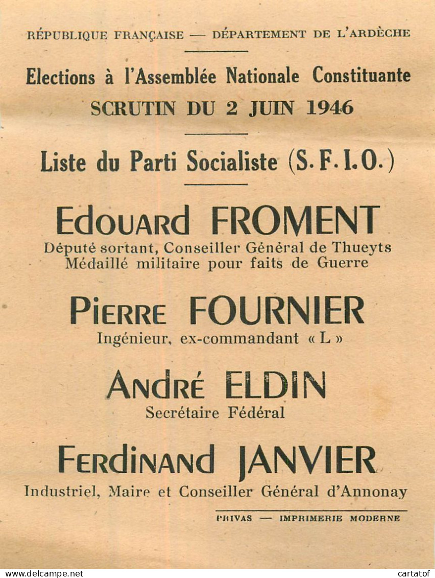 Election Assemblée Nationale Constituante . Ardèche . Liste Parti Socialiste SFIO - Ohne Zuordnung