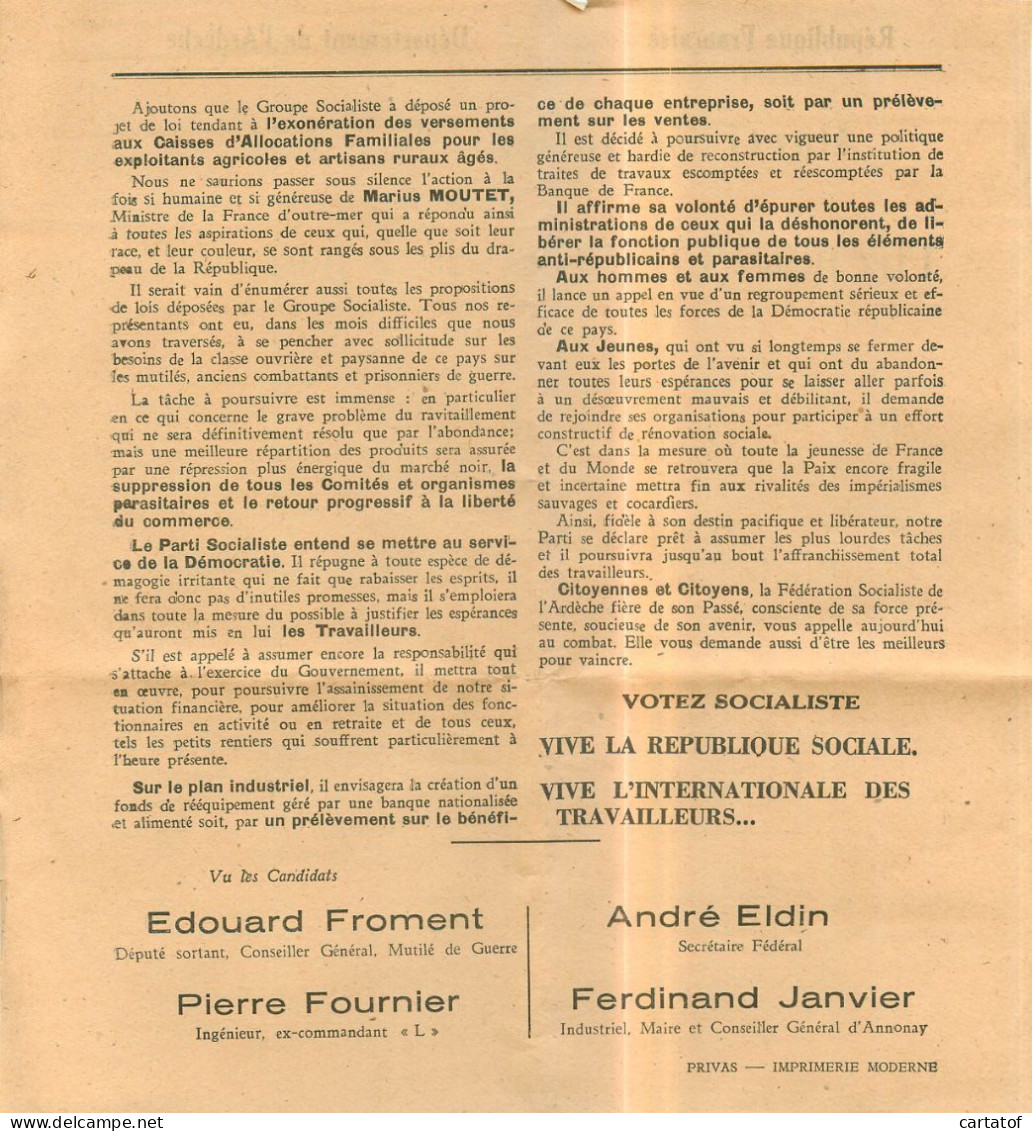 Election Assemblée Nationale Constituante . Ardèche . Liste Parti Socialiste SFIO - Non Classés