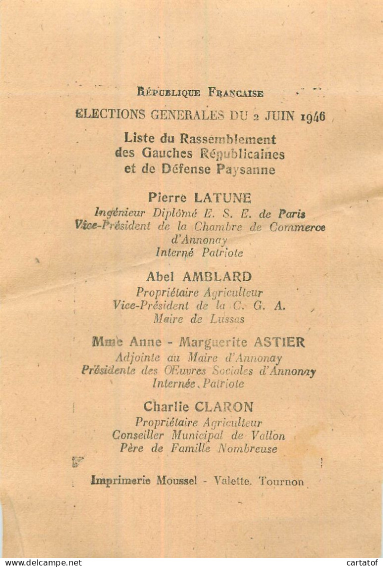 Elections Générales 2 Juin 1946  Ardèche . Rassemblement Gauches Républicaines … - Non Classés