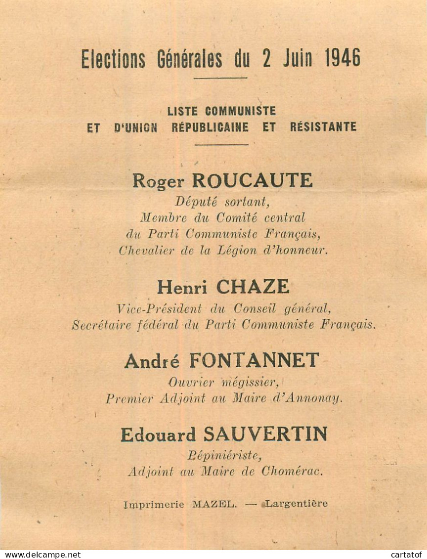 Elections Générales 2 Juin 1946  Ardèche . Ligue Communiste Et D'Union Républicaine Et Résistante - Non Classés