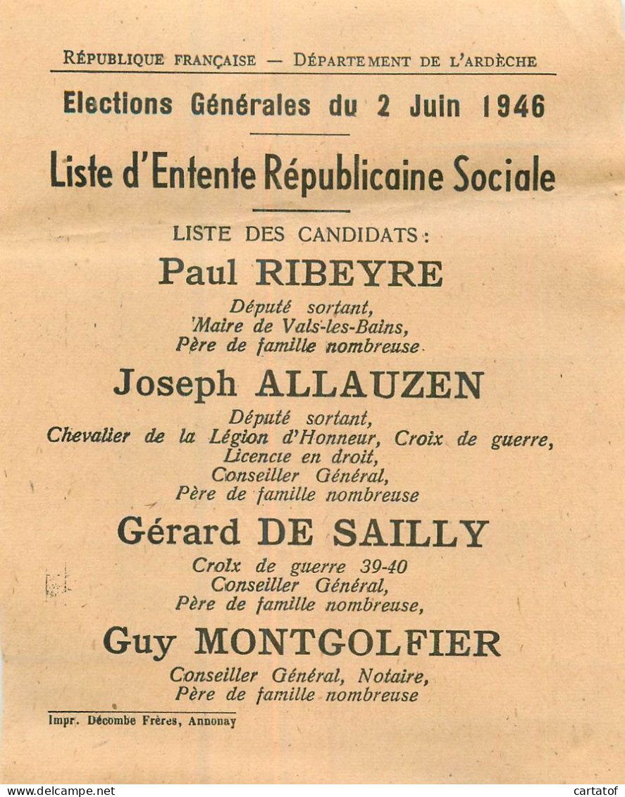 Elections Générales 2 Juin 1946  Ardèche . Entente Républicaine Sociale - Zonder Classificatie