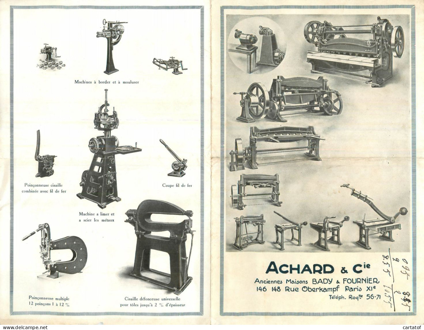 Depliant Publicitaire ACHARD & Cie BADY & FOURNIER à PARIS . Machines D'atelier - Publicités