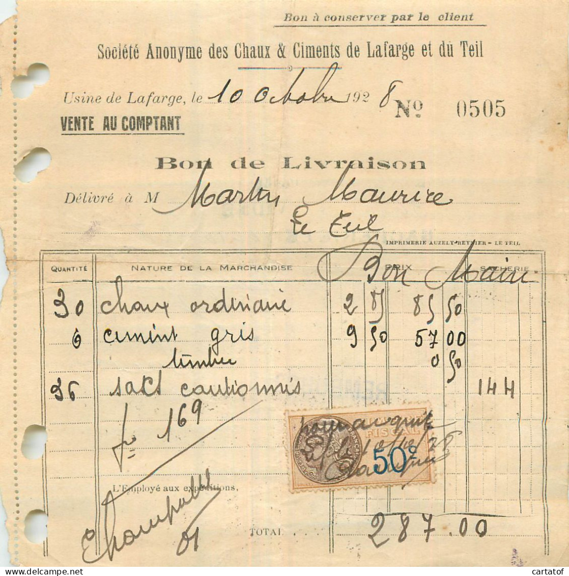 Société Anonyme Des Chaux & Ciments De LAFARGE Et Du TEIL . Facture 1928 - 1900 – 1949