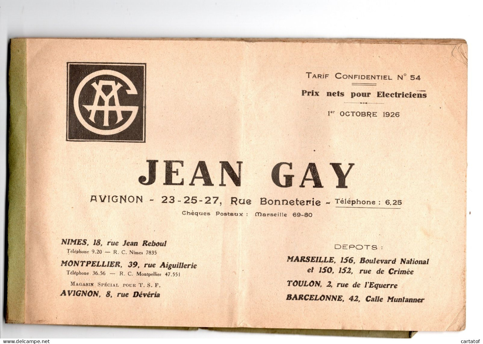 Catalogue JEAN GAY 1926 . AVIGNON NIMES MONTPELLIER MARSEILLE TOULON BARCELONNE - Unclassified