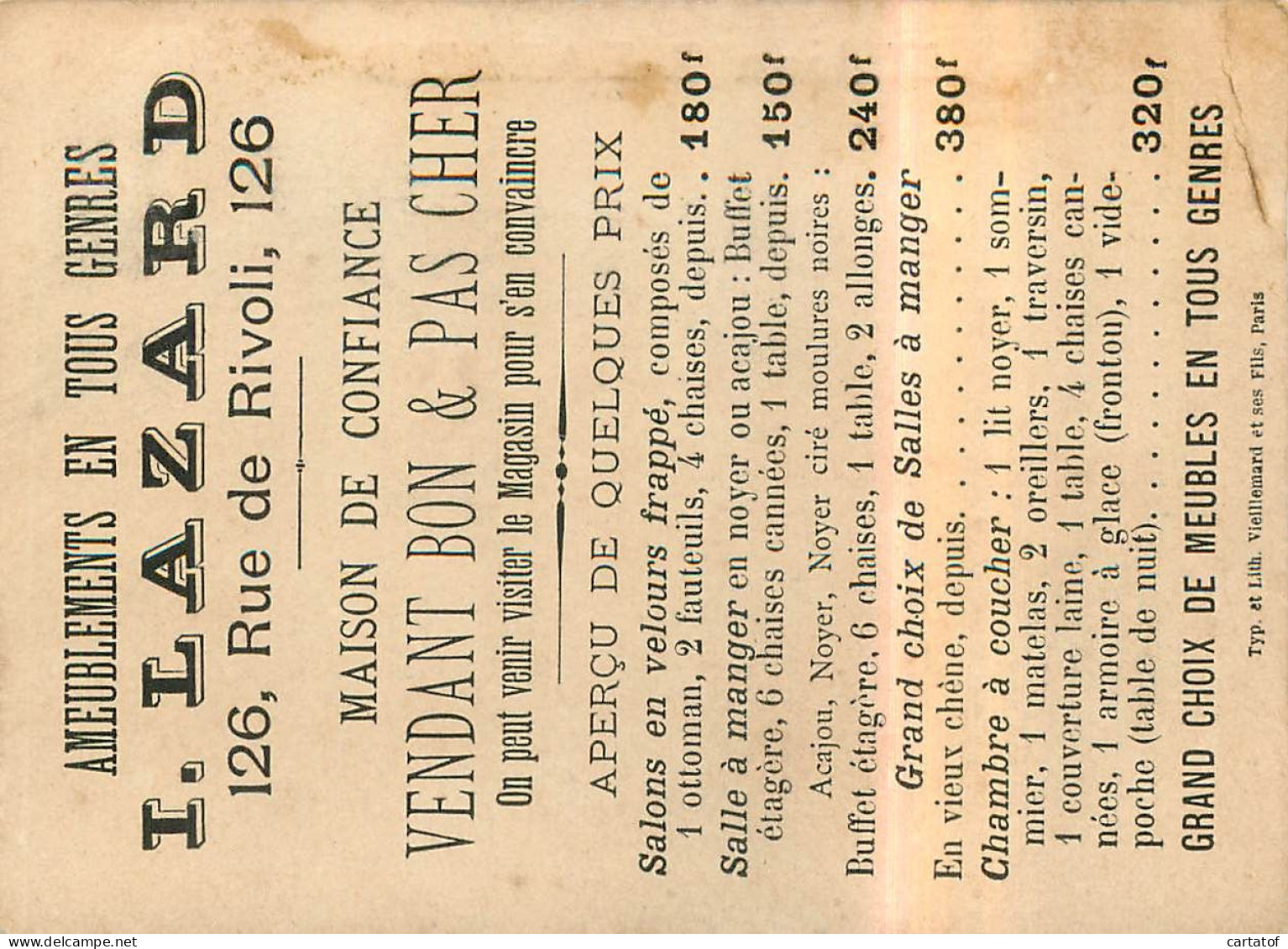 Carte I. LAZARD Ameublements En Tous Genres à Paris .  Illustrée Au Recto - Cartes De Visite