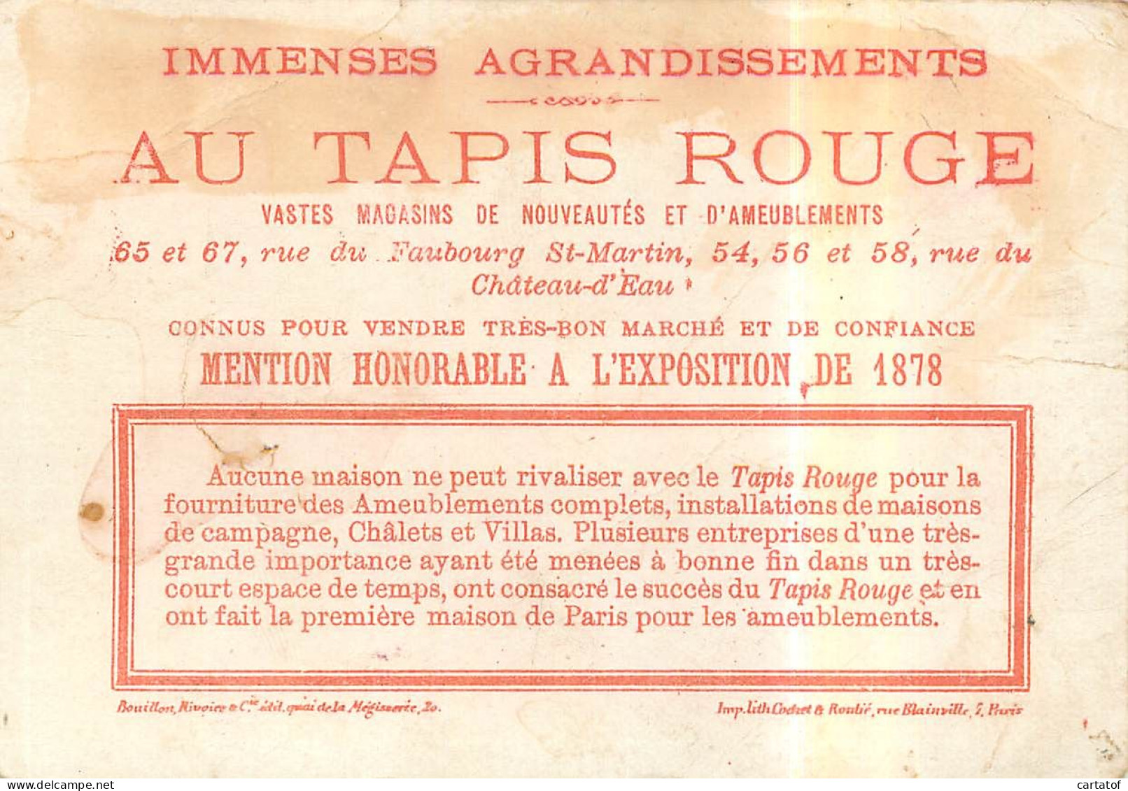 Carte AU TAPIS ROUGE à Paris .  Illustration Au Recto - Cartes De Visite