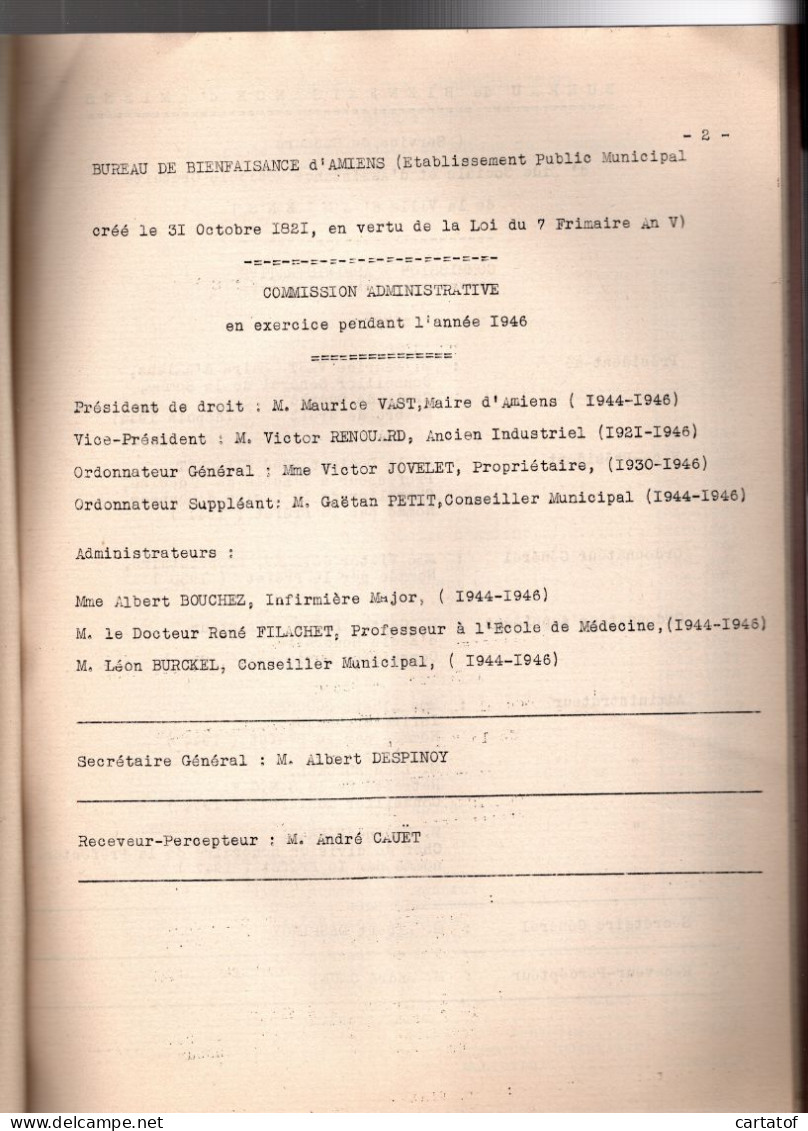 BUREAU DE BIENFAISANCE D'AMIENS . COMPTE Moral Et Administratif 1946 - Ohne Zuordnung