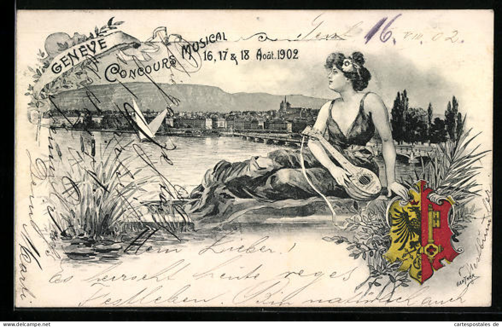 Lithographie Geneve, Concours Musical 1902, Panorama, Wappen Und Dame Mit Laute  - Autres & Non Classés