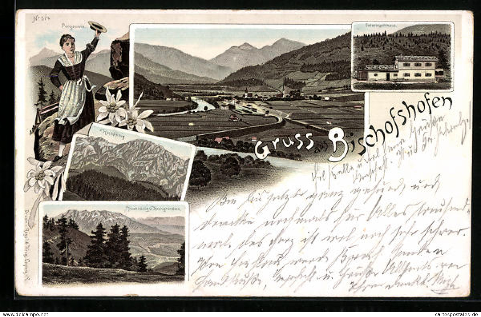 Lithographie Bischofshofen, Ortsansicht Mit Pongauerin Und Hochkönig  - Autres & Non Classés