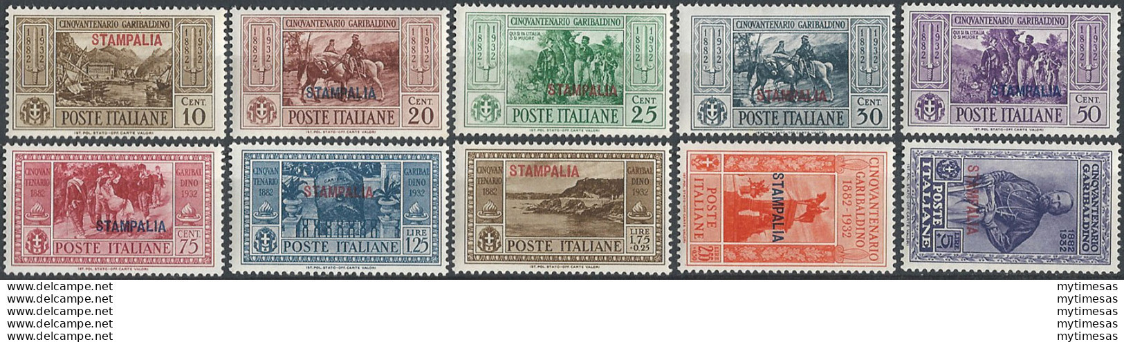 1932 Egeo Stampalia Garibaldi 10v. MNH Sassone N. 17/26 - Other & Unclassified