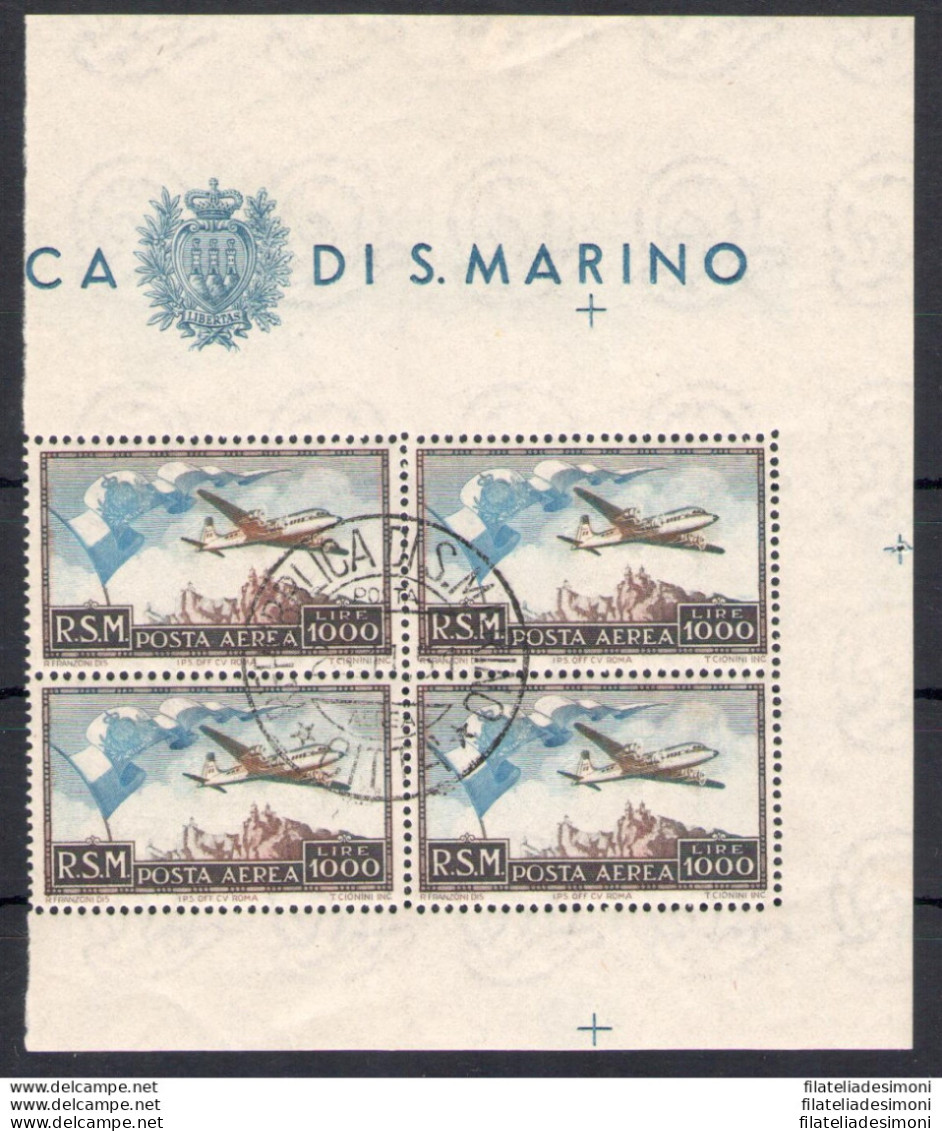 1951 SAN MARINO Posta Aerea 'Bandierone' - Blocco Di Quattro - 28-11-1951 - Catalogo Sassone N. 99 - Certificato Enzo Di - Luchtpost