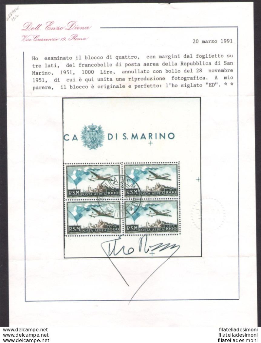 1951 SAN MARINO Posta Aerea 'Bandierone' - Blocco Di Quattro - 28-11-1951 - Catalogo Sassone N. 99 - Certificato Enzo Di - Poste Aérienne