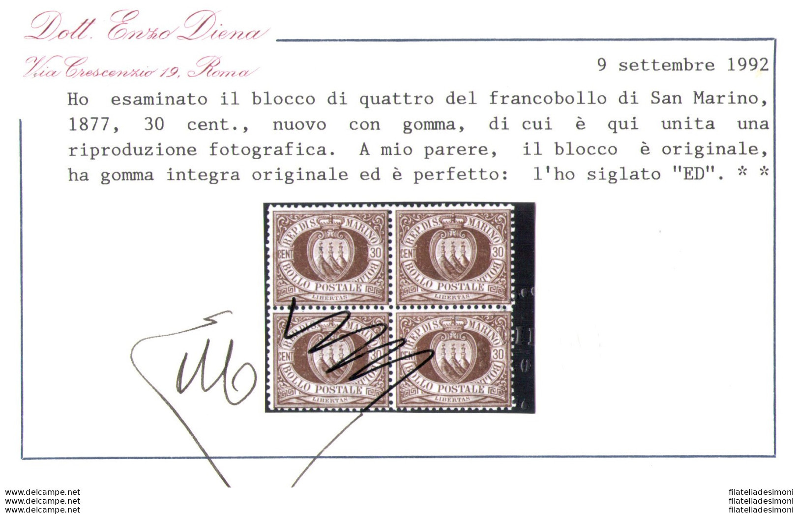 1877 San Marino, Catalogo Sassone N. 6, 30 Cent Bruno - Discreta Centratura - MNH** - Fotocopia Certificato Enzo Diena - Autres & Non Classés