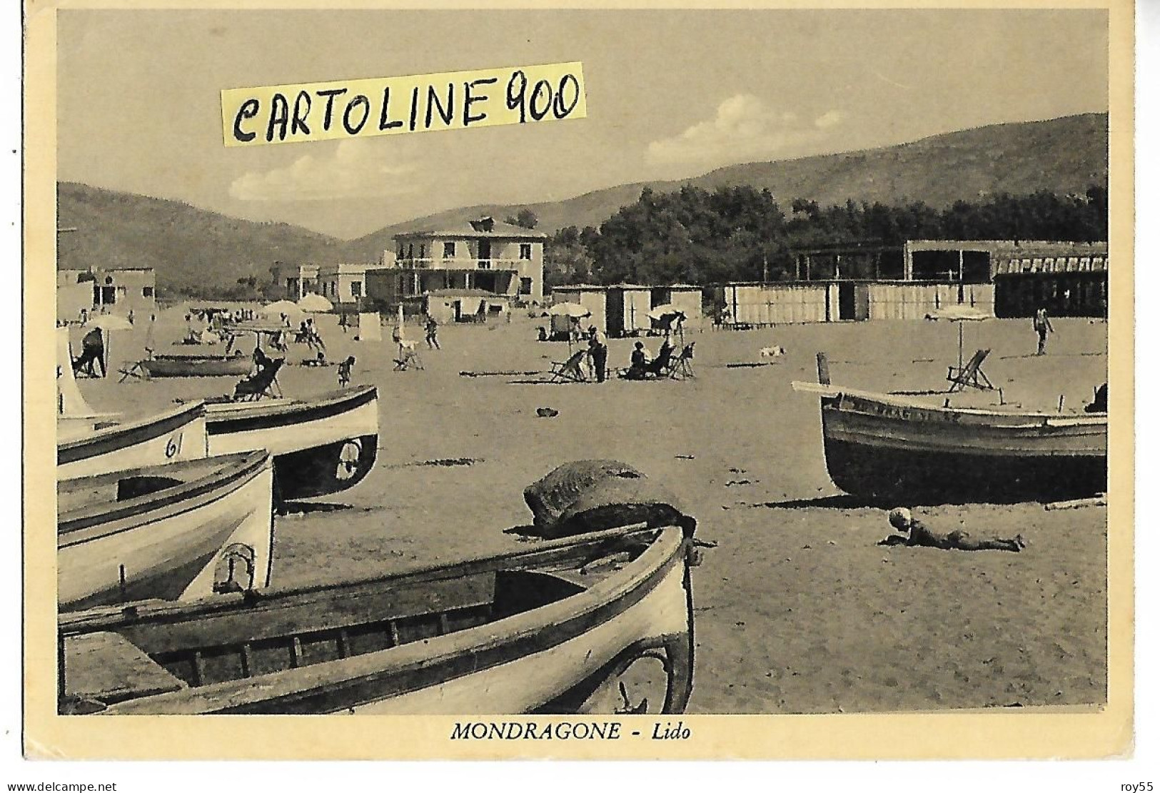 Campania-caserta-mondragone Lido Veduta Spiaggia Barche Bagnanti Cabine Animatissima Anni 40 50 - Sonstige & Ohne Zuordnung