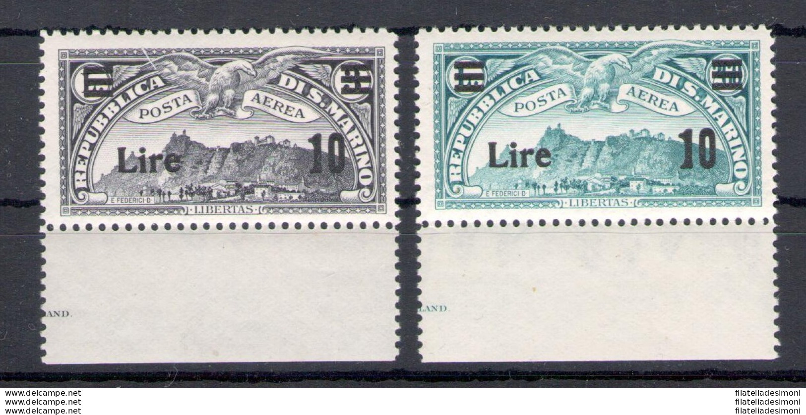 1942 SAN MARINO - Posta Aerea, N. 19/20 Bordo Di Foglio Basso, Francobolli Di Posta Aerea Del 1931 Soprastampati, MNH** - Airmail