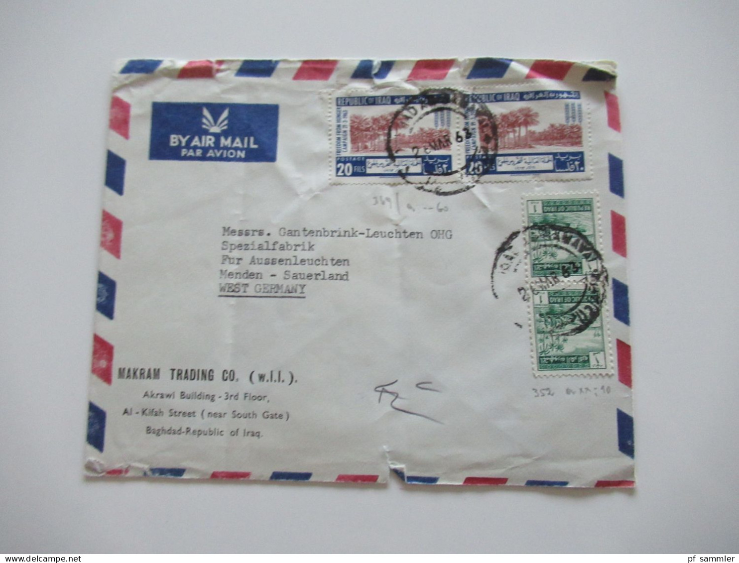 Asien Irak um 1963 Air Mail Luftpost 12 Belege Firmenumschläge Makram Trading Co. Akrawi Building Baghdad Republic Iraq