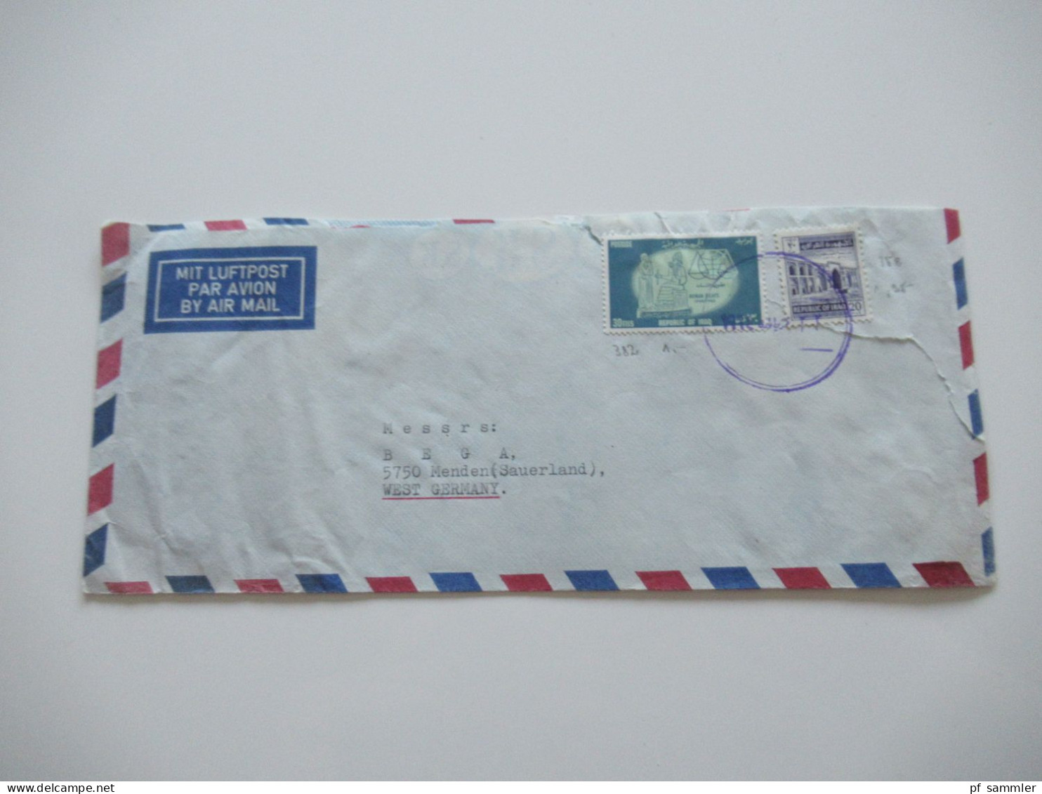 Asien Irak Um 1963 Air Mail Luftpost Violetter Stempel Und Rückseitig Violetter Dreieckstempel Auslandsbrief - Iran