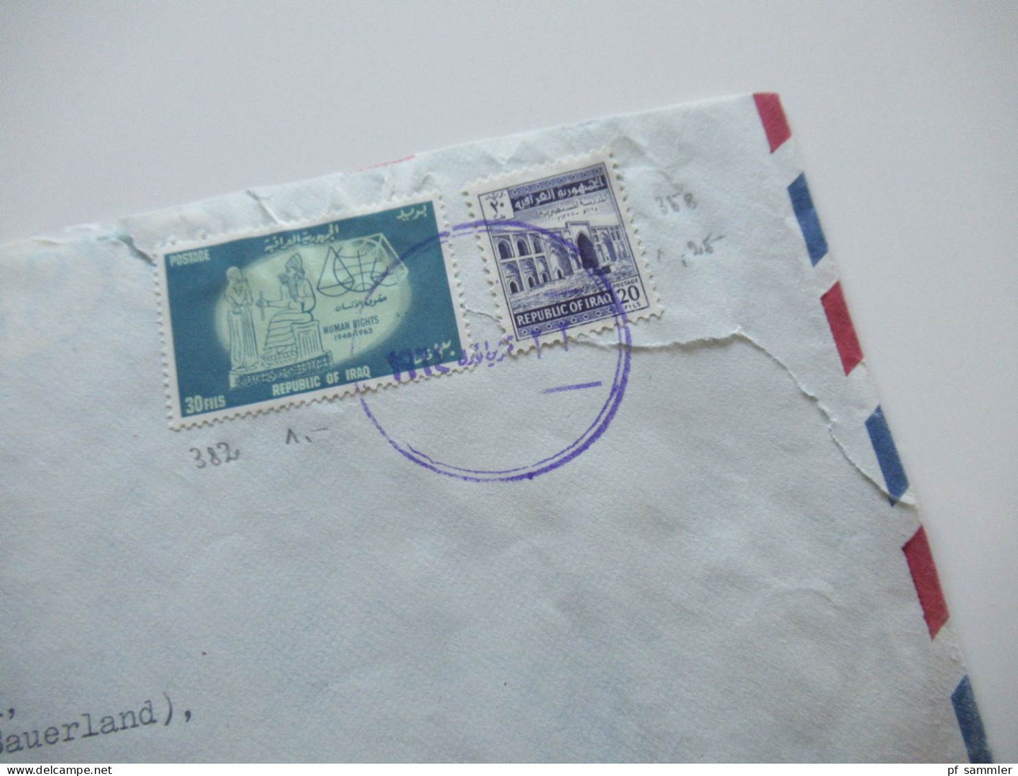 Asien Irak Um 1963 Air Mail Luftpost Violetter Stempel Und Rückseitig Violetter Dreieckstempel Auslandsbrief - Iran