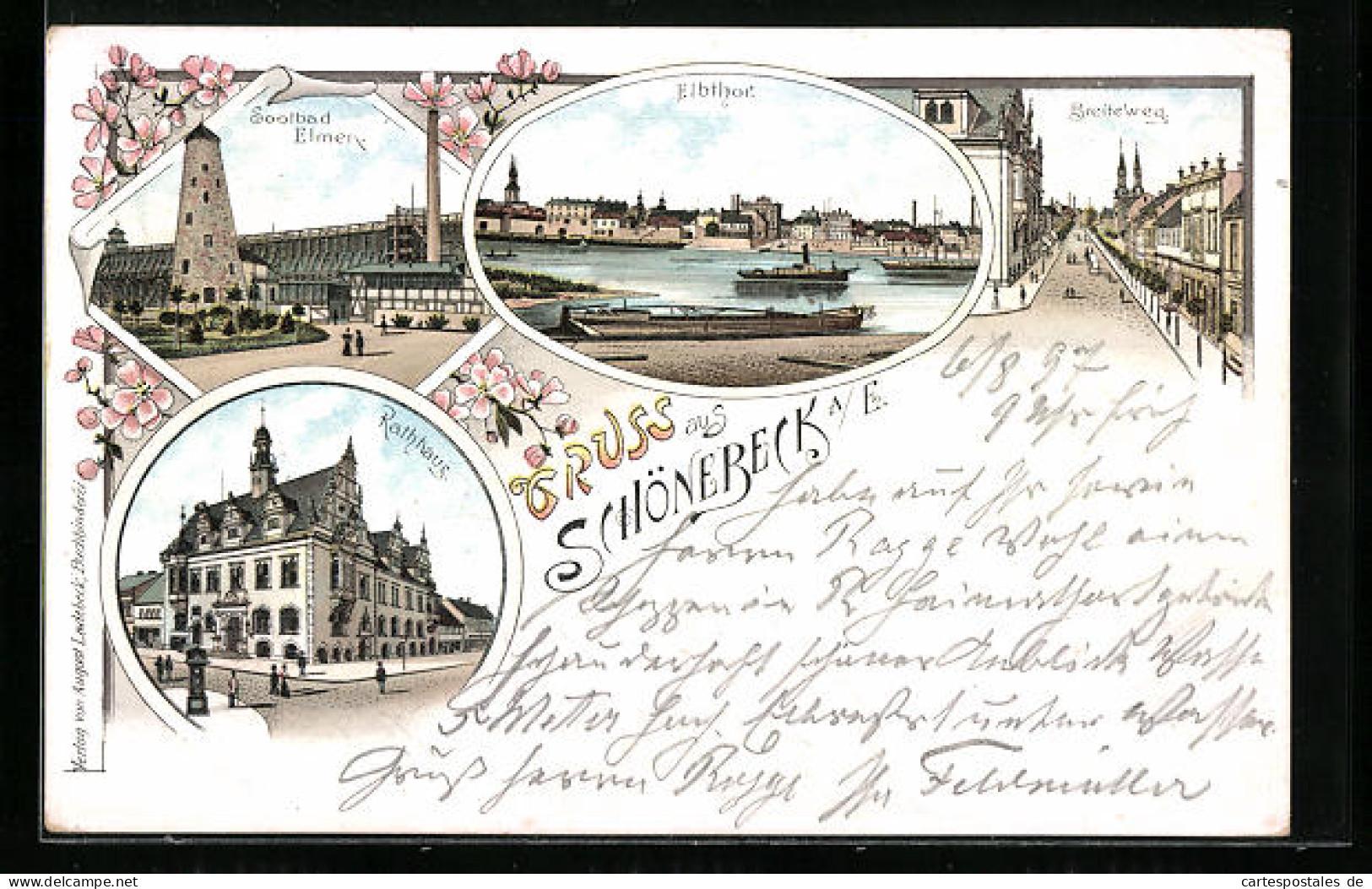 Lithographie Schönebeck A. E., Elbthor, Breiteweg, Soolbad Elmen  - Schoenebeck (Elbe)