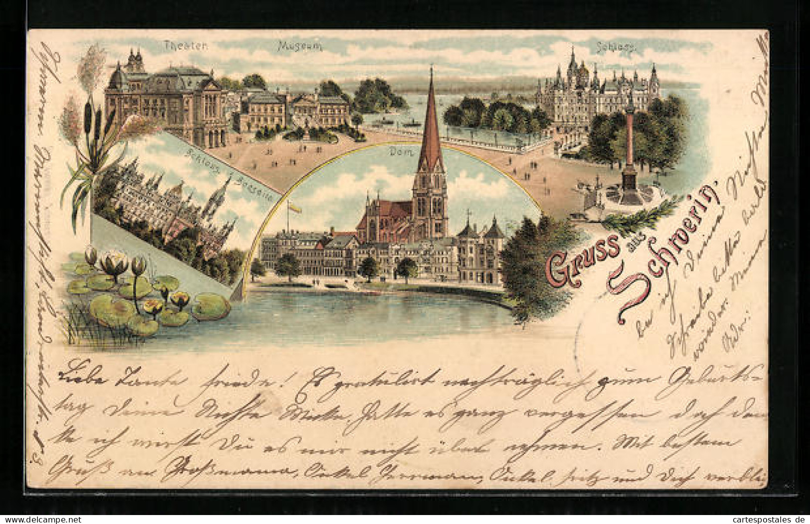 Lithographie Schwerin, Panorama Mit Theater Und Schloss, Dom  - Théâtre