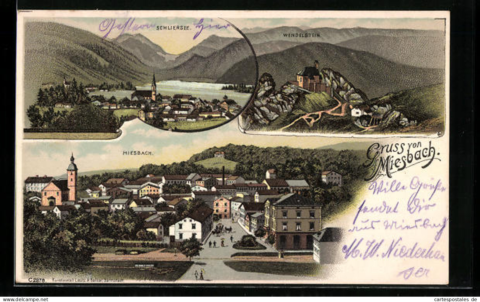 Lithographie Miesbach, Ortsansicht, Wendelstein, Schliersee  - Schliersee