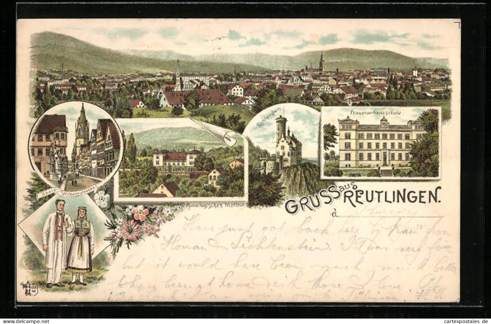 Vorläufer-Lithographie Reutlingen, 1894, Panorama, Pomologisches Institut, Frauenarbeitsschule, Trachten  - Reutlingen