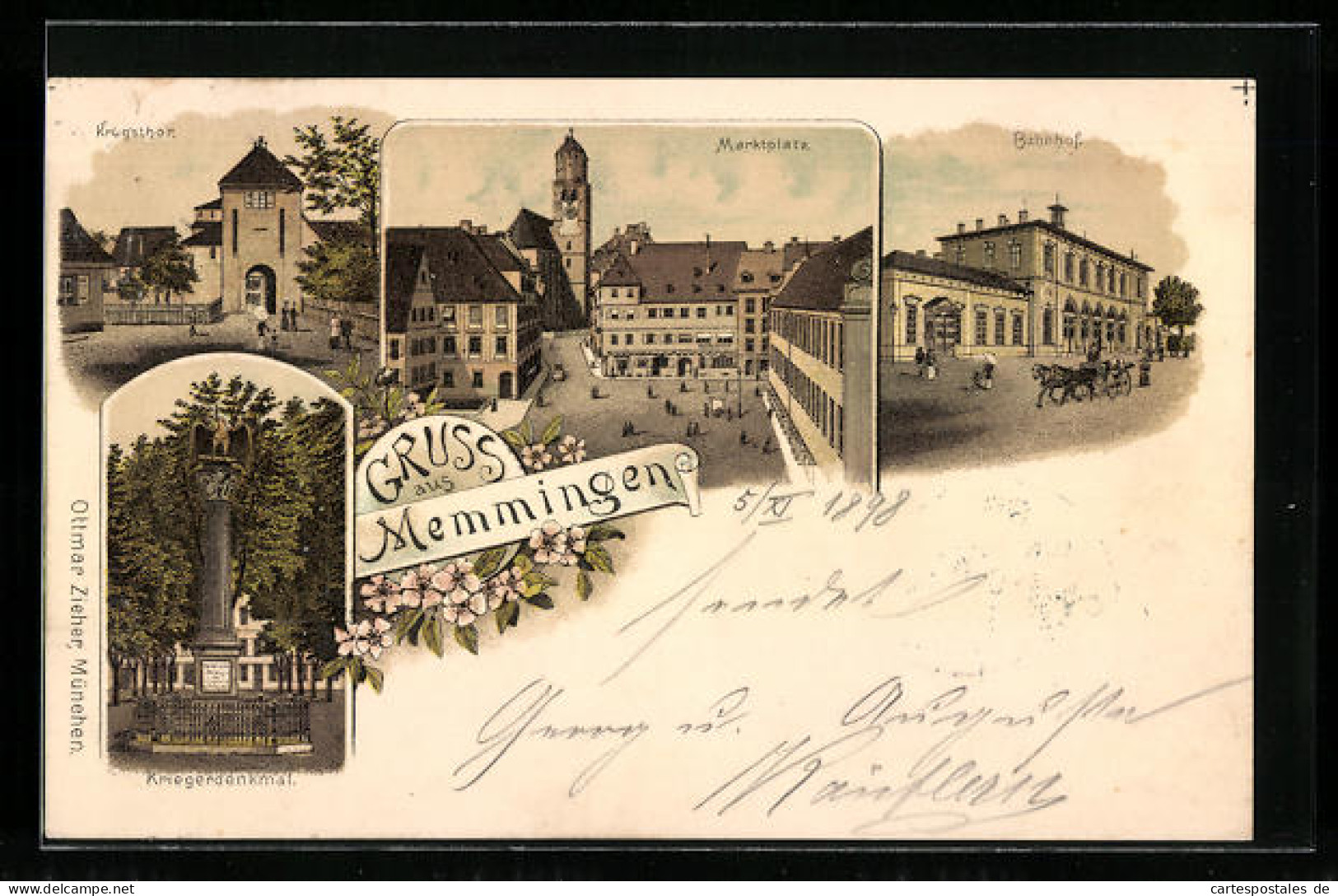 Lithographie Memmingen, Marktplatz, Bahnhof, Krugsthor  - Memmingen