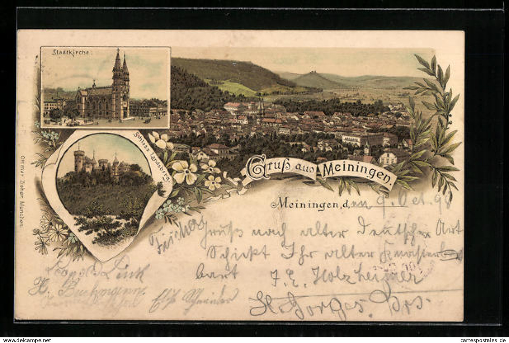 Lithographie Meiningen, Ortsansicht Aus Der Vogelschau, Stadtkirche, Schloss Landsberg  - Meiningen