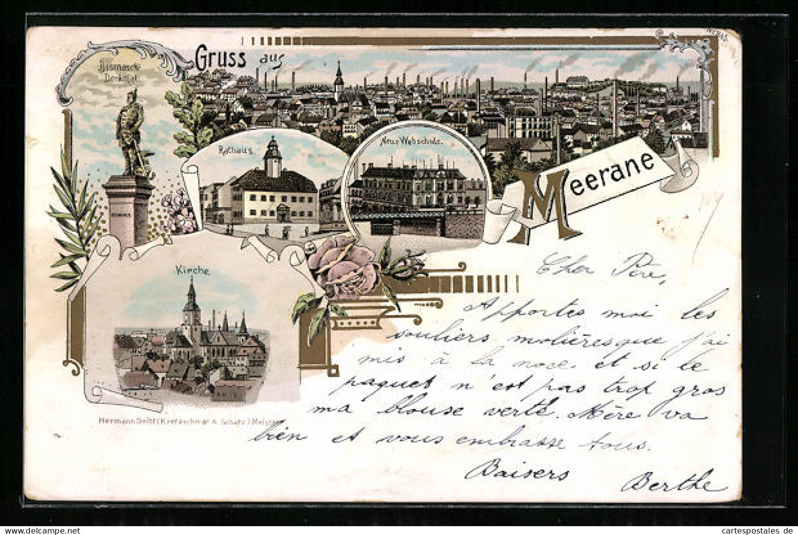 Lithographie Meerane, Panorama, Kirche, Neue Webschule  - Meerane