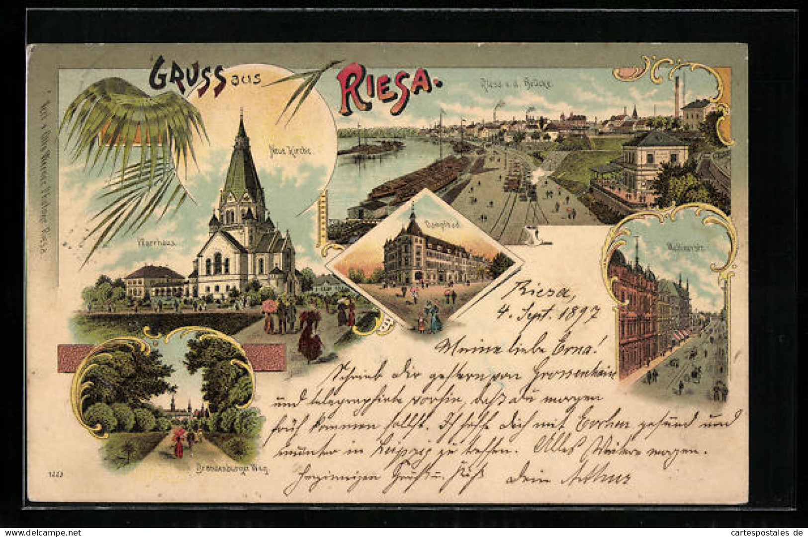 Lithographie Riesa, Ortsansicht Von Der Brücke, Ortspartie Mit Neuer Kirche Und Pfarrhaus  - Riesa