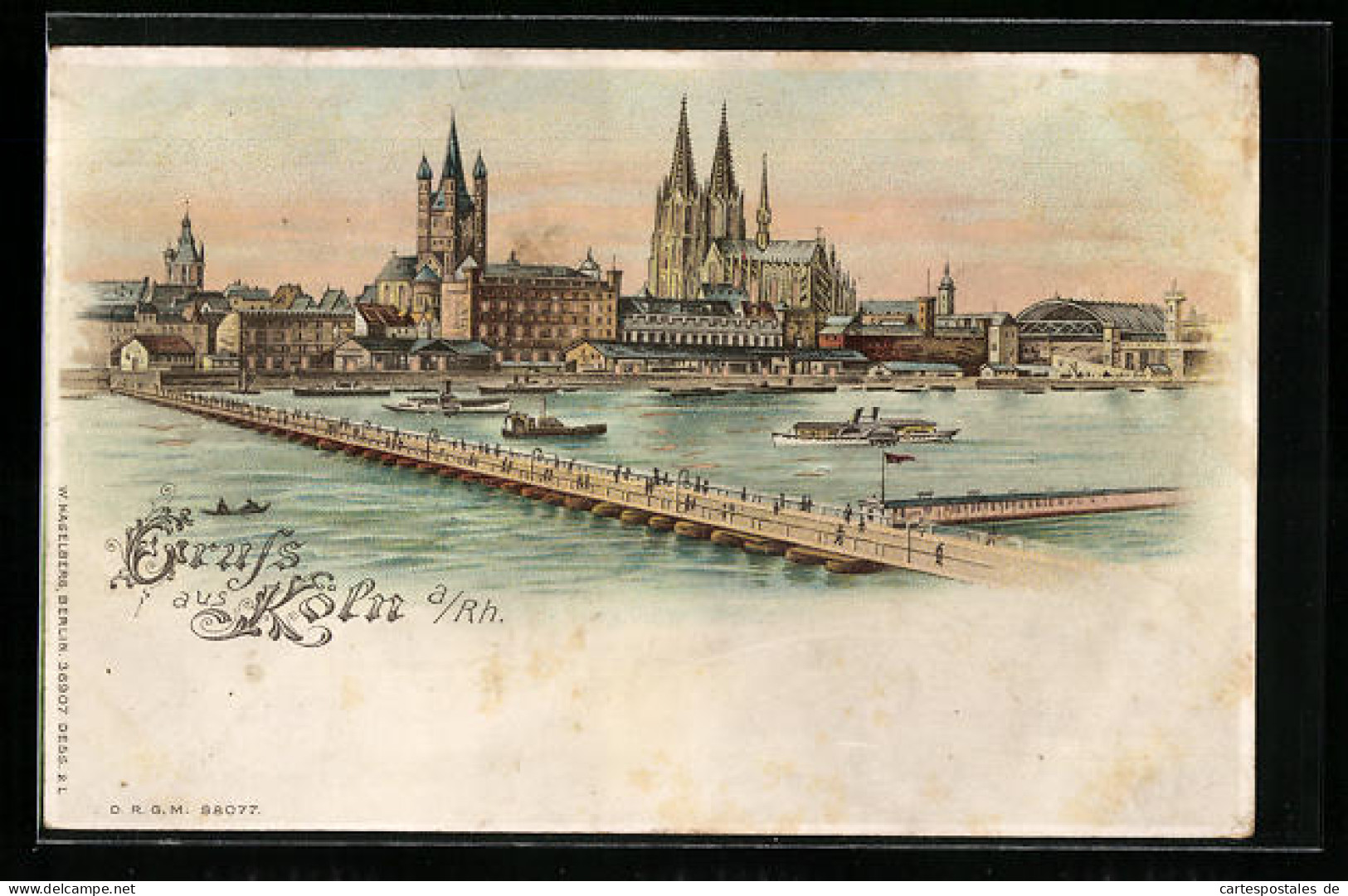 Lithographie Köln, Stadtpanorama Mit Rheinbrücke, Dom Und Bahnhof, Halt Gegen Das Licht  - Koeln