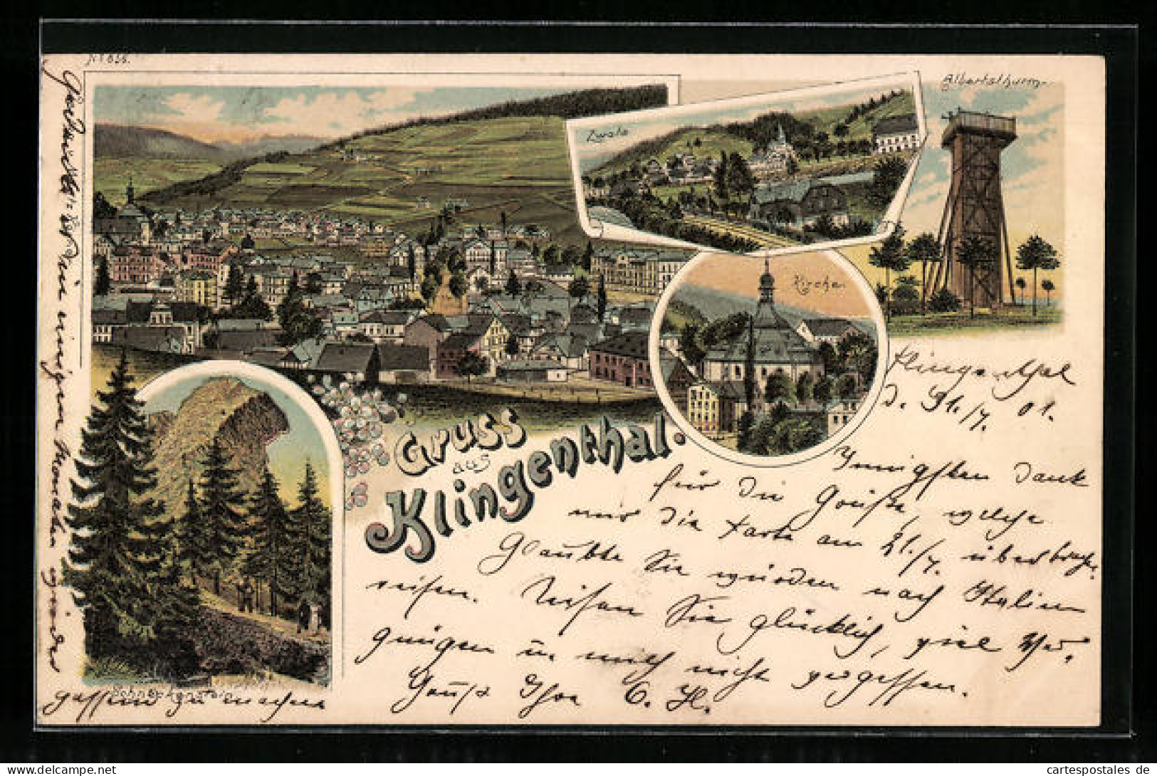 Lithographie Klingenthal, Zwota, Albrertsturm, Kirche  - Klingenthal