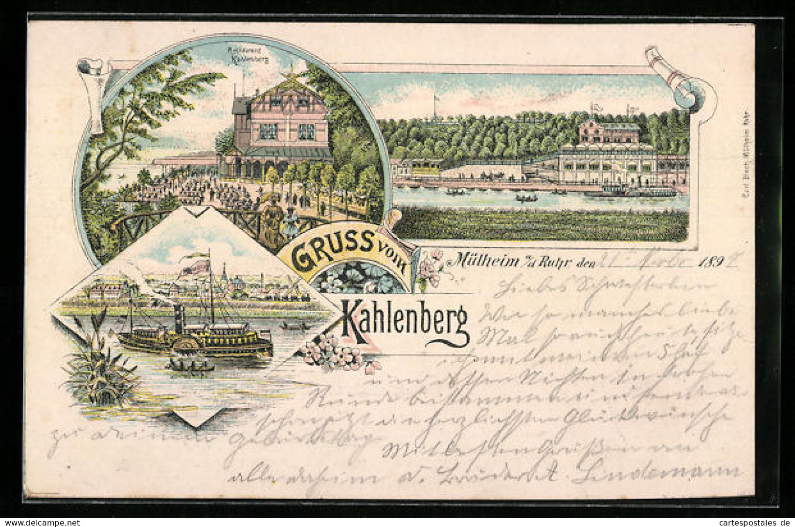 Lithographie Mülheim A. D. Ruhr, Restaurant Kahlenberg, Teilansicht Mit Dampfer  - Muelheim A. D. Ruhr
