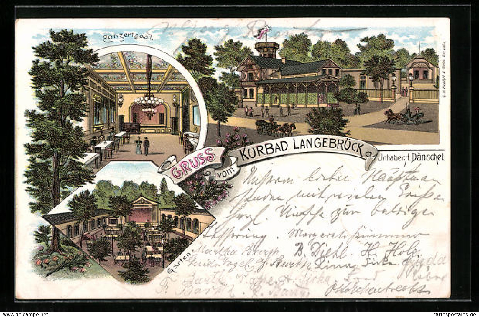 Lithographie Langebrück, Kurbad, Inneres Konzertsaal, Garten  - Other & Unclassified