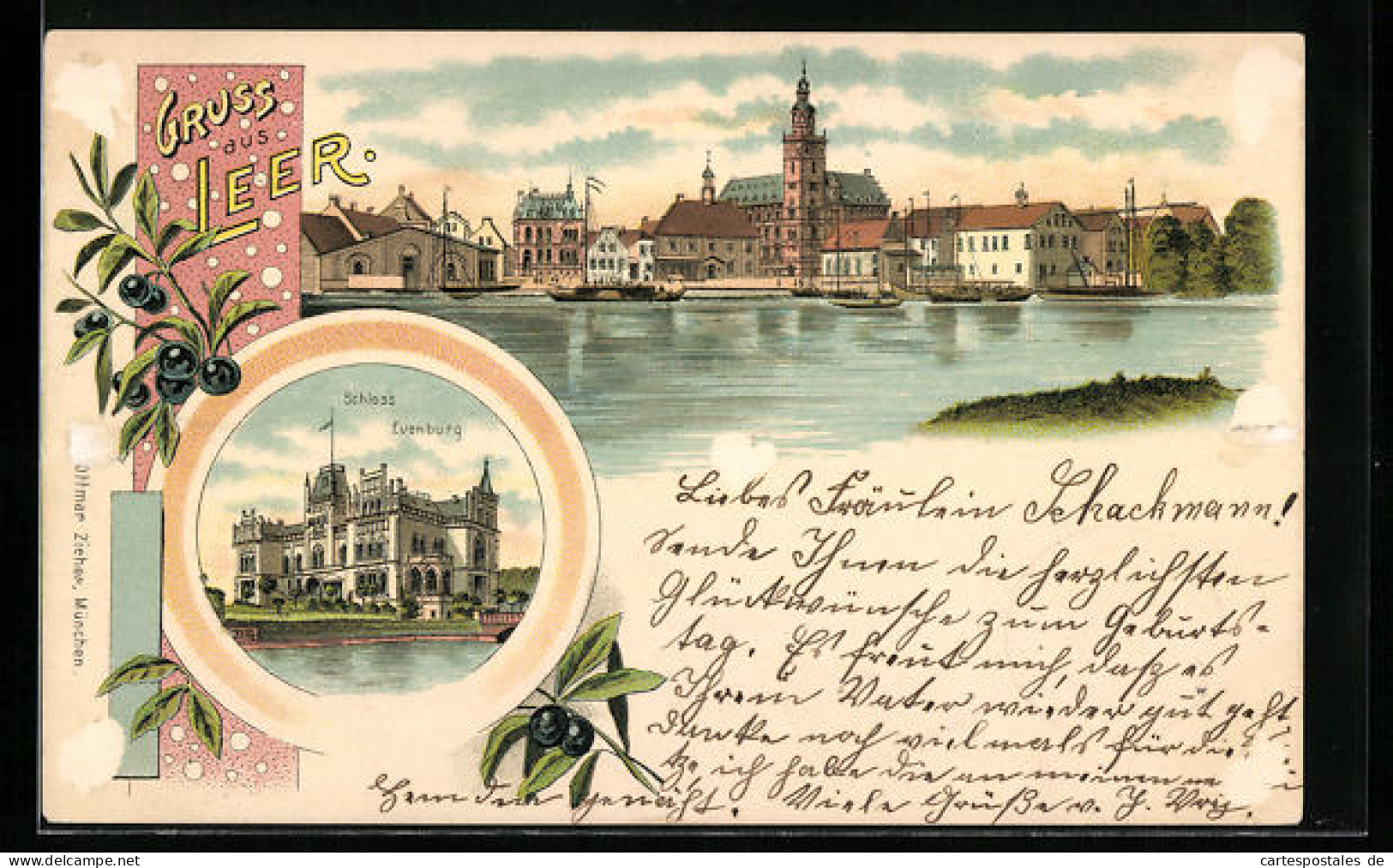 Lithographie Leer, Schloss Evenburg, Uferpartie  - Leer