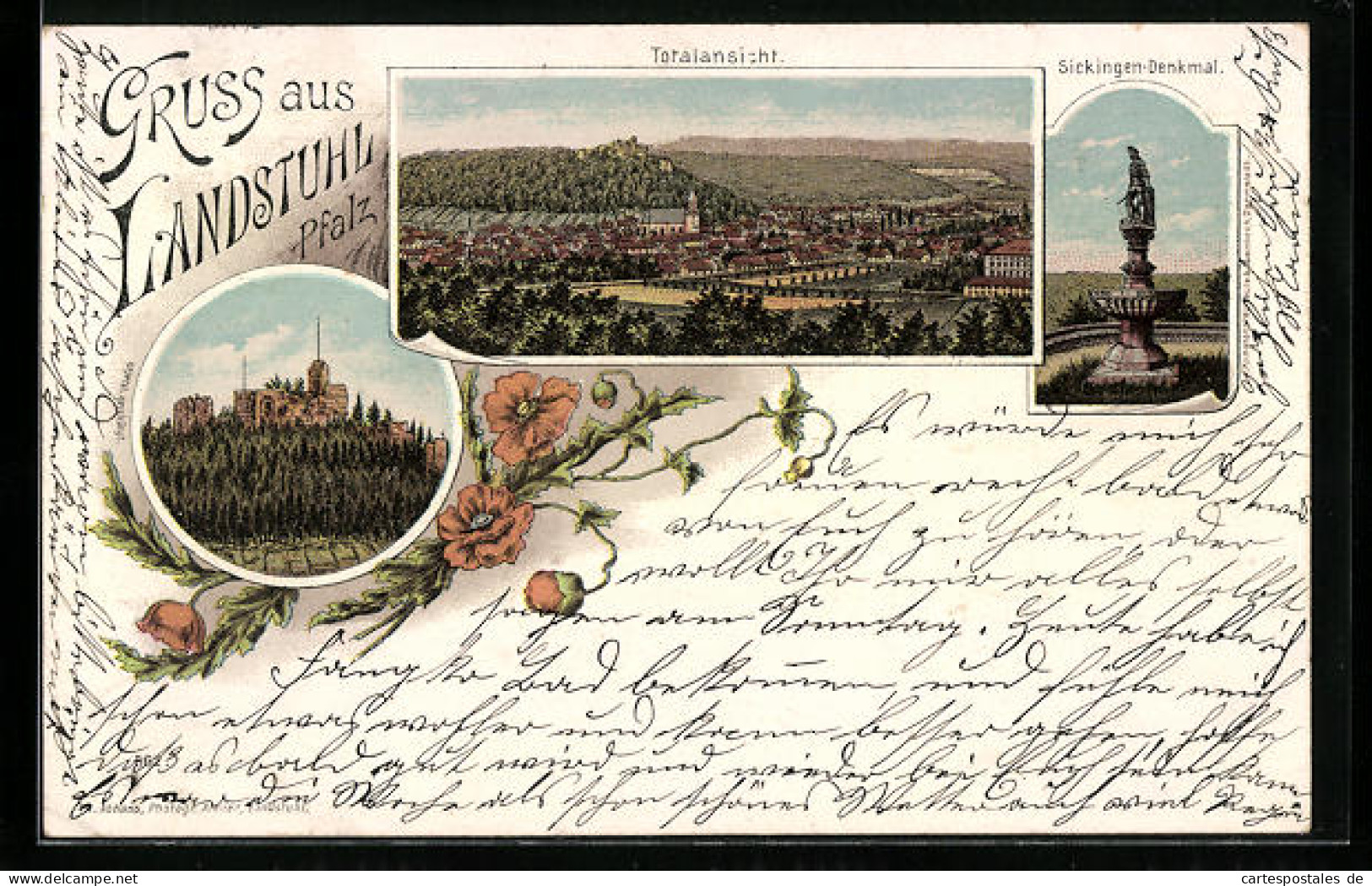 Lithographie Landstuhl /Pfalz, Totalansicht, Ruine, Sickingen-Denkmal  - Landstuhl