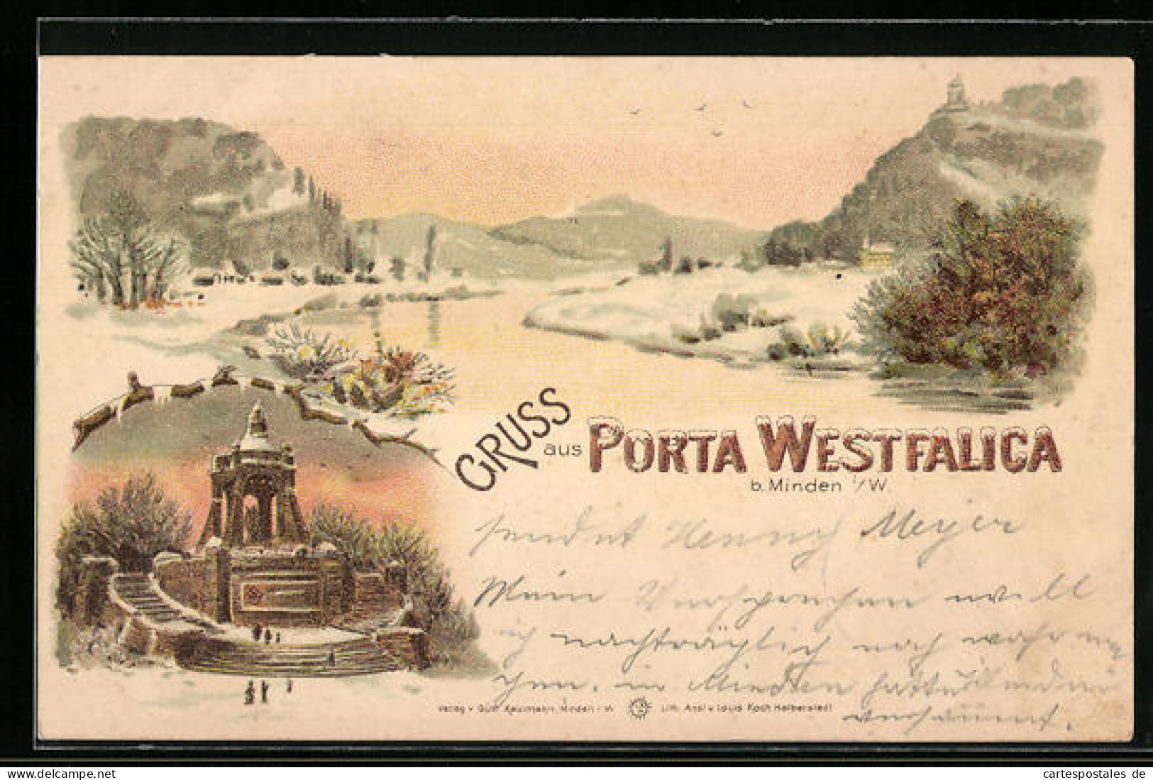 Winter-Lithographie Porta Westfalica B. Minden, Uferpartie, Denkmal  - Altri & Non Classificati