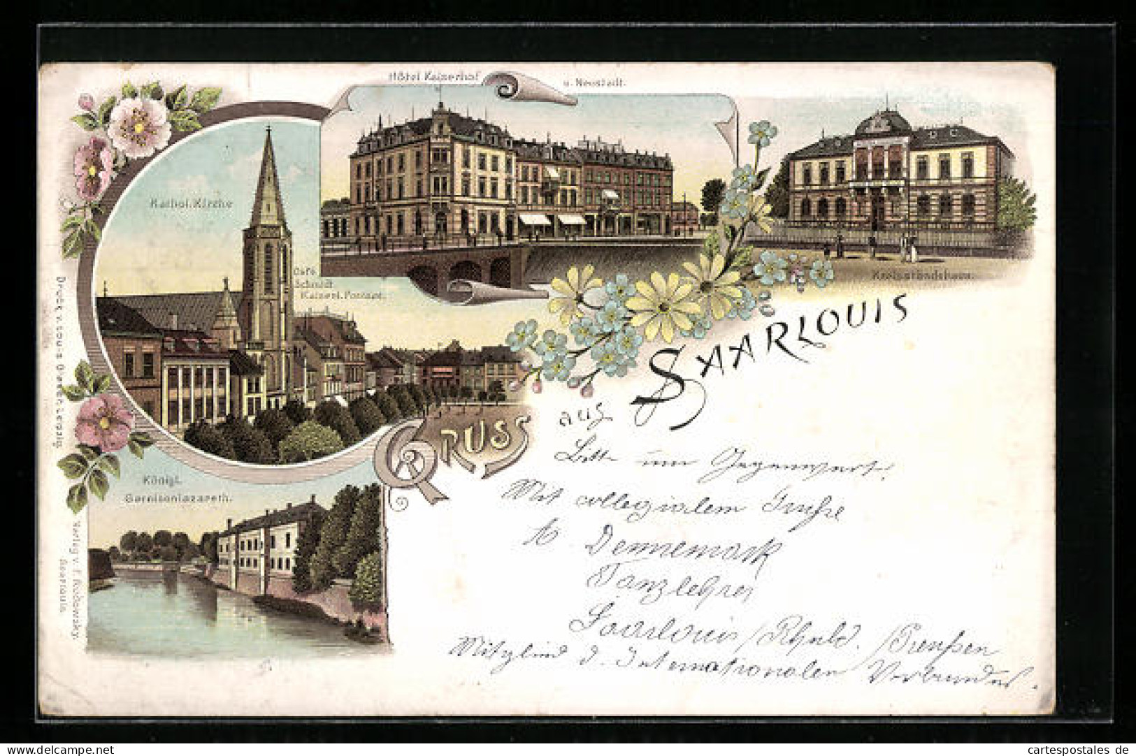 Lithographie Saarlouis, Garnisonlazarett, Kreisständehaus, Hotel Kaiserhof Und Neustadt  - Kreis Saarlouis