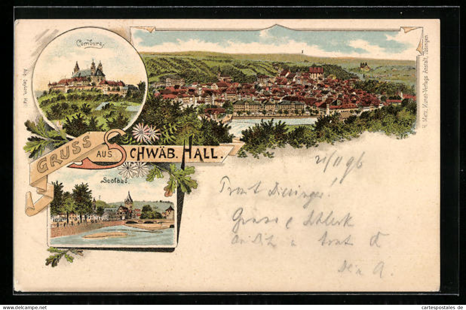 Lithographie Schwäb. Hall, Gesamtansicht, Soolbad, Comburg  - Schwaebisch Hall