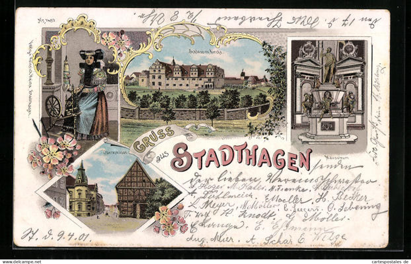 Lithographie Stadthagen, Schloss Mit Kirche, Oberstrasse, Trachtenmädchen Am Spinnrad  - Stadthagen