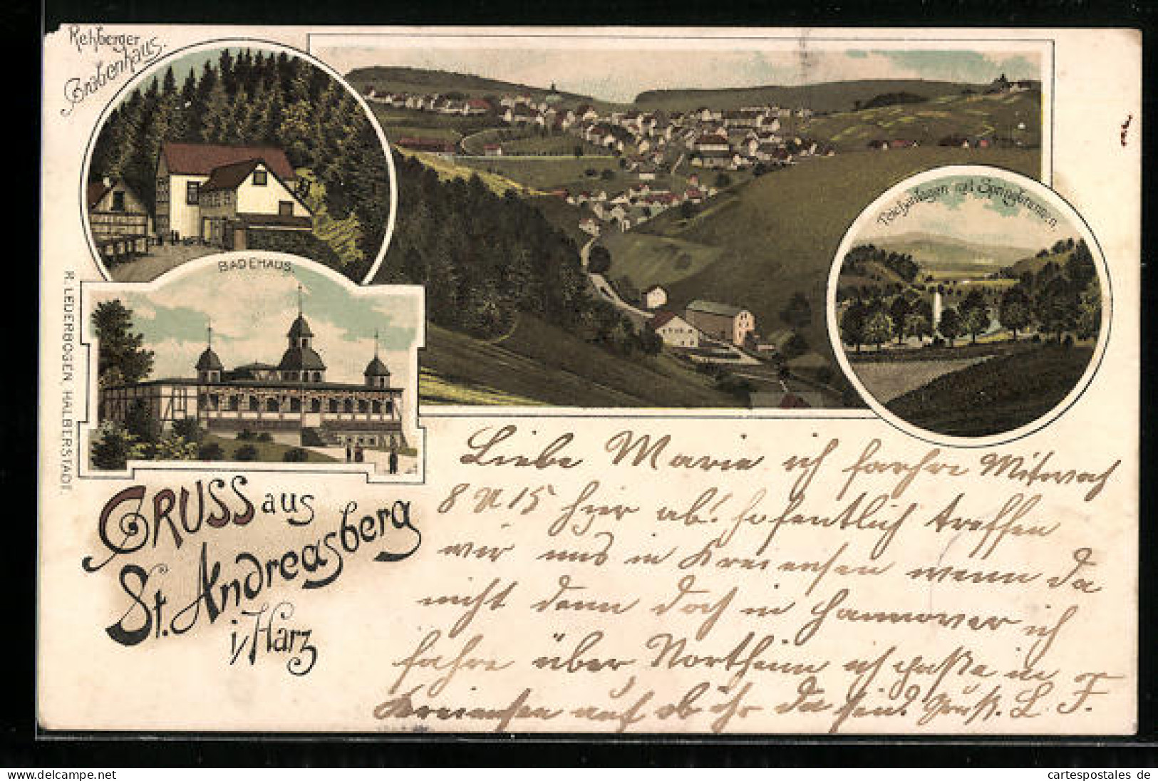 Lithographie St. Andreasberg /Harz, Gesamtansicht Aus Der Vogelschau, Rehberger Grabenhaus, Badehaus  - St. Andreasberg