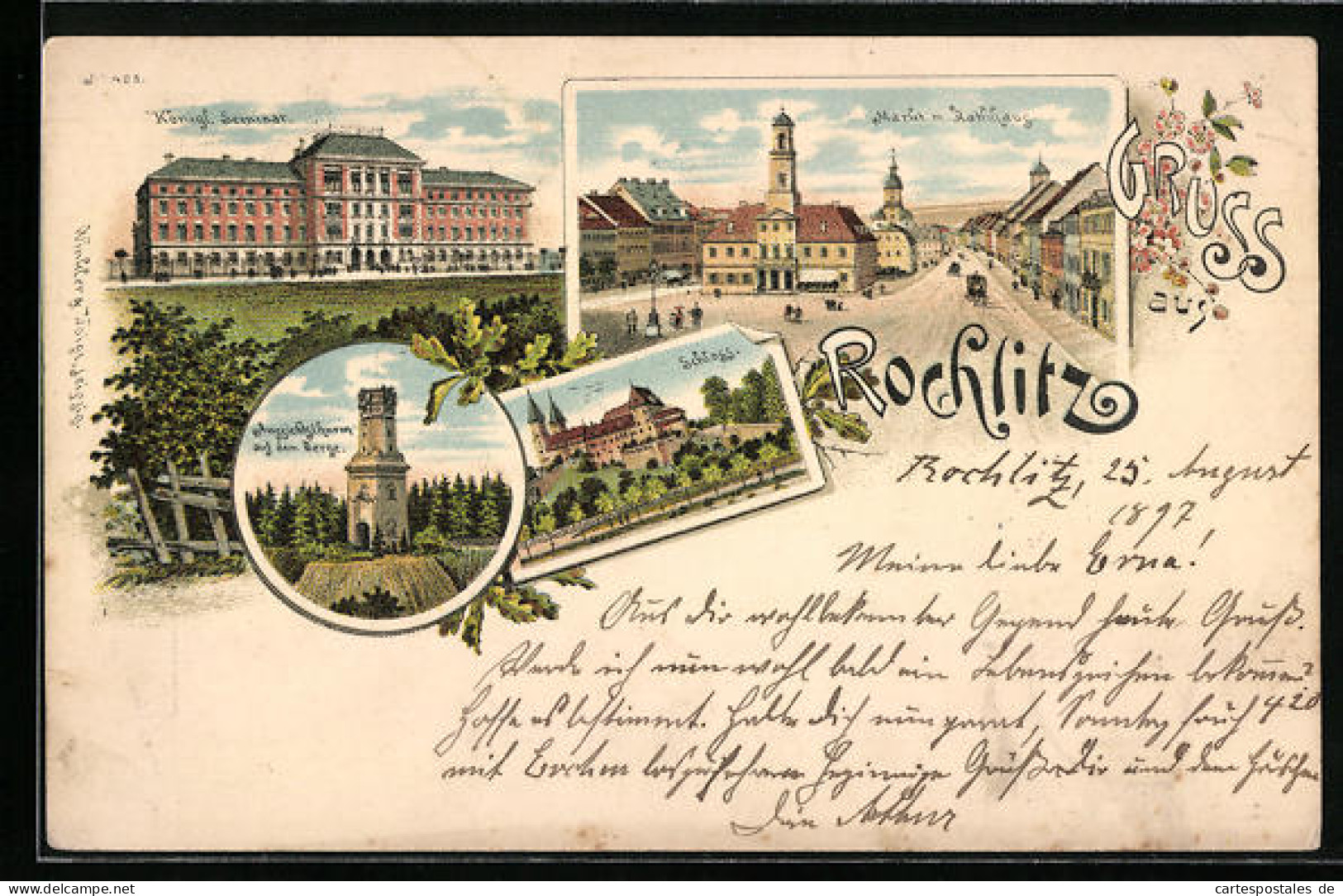 Lithographie Rochlitz, Markt Und Rathaus, Schloss, Kgl. Seminar  - Rochlitz