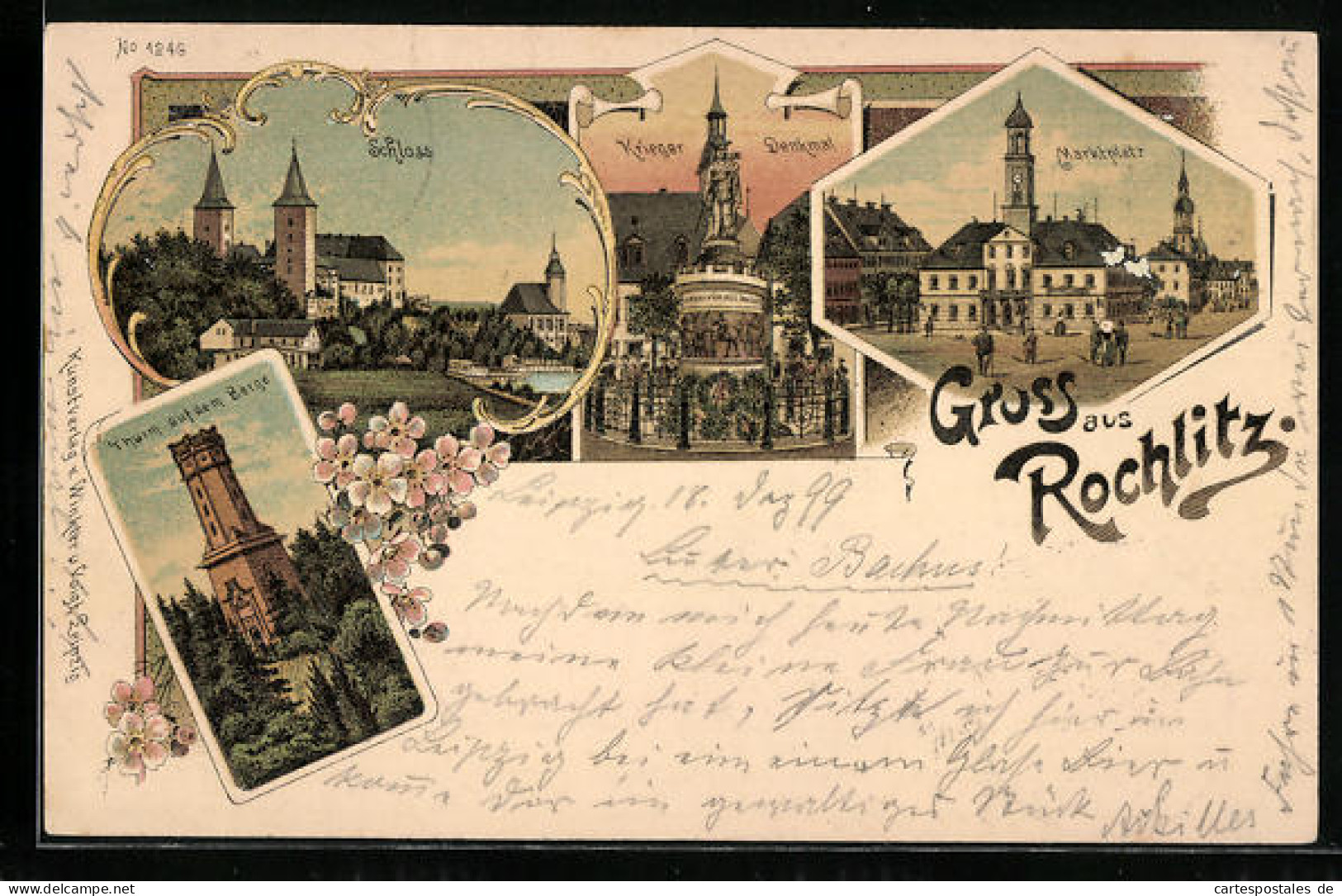 Lithographie Rochlitz, Marktplatz, Schloss, Kriegerdenkmal  - Rochlitz